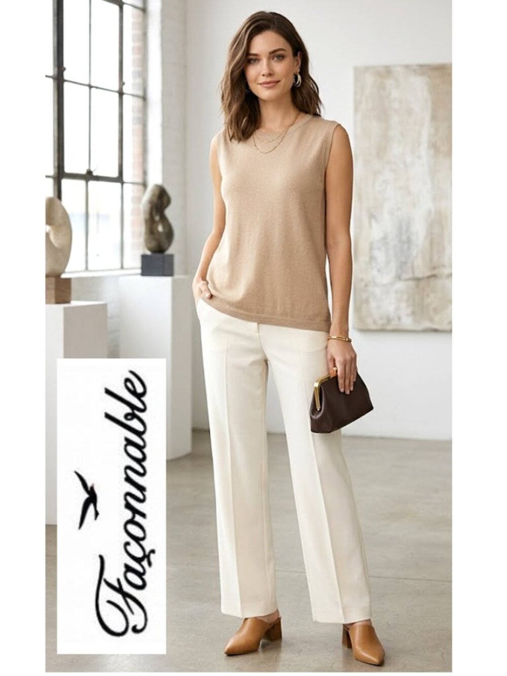 FACONNABLE - Silk/cashmere sleeveless beige vest